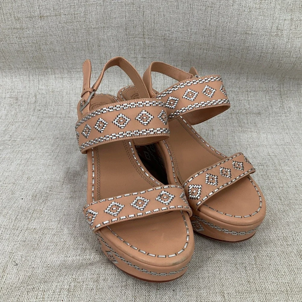 Tory Burch Reena Wedge Sandals Womens 9M‎ Tan Leather Embroidered Platform